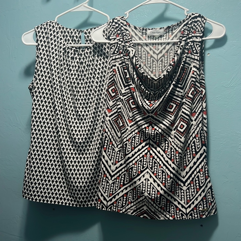 (2) Calvin Klein Sleeveless Blouses Woman Size Small White and Black abstract